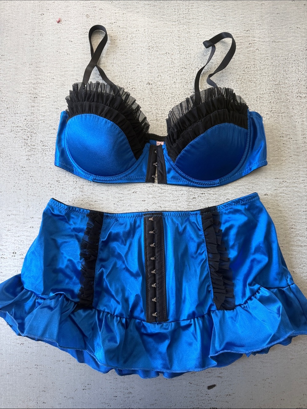Native Intimates Blue Satin Bra & Ruffle Mini Skirt Set